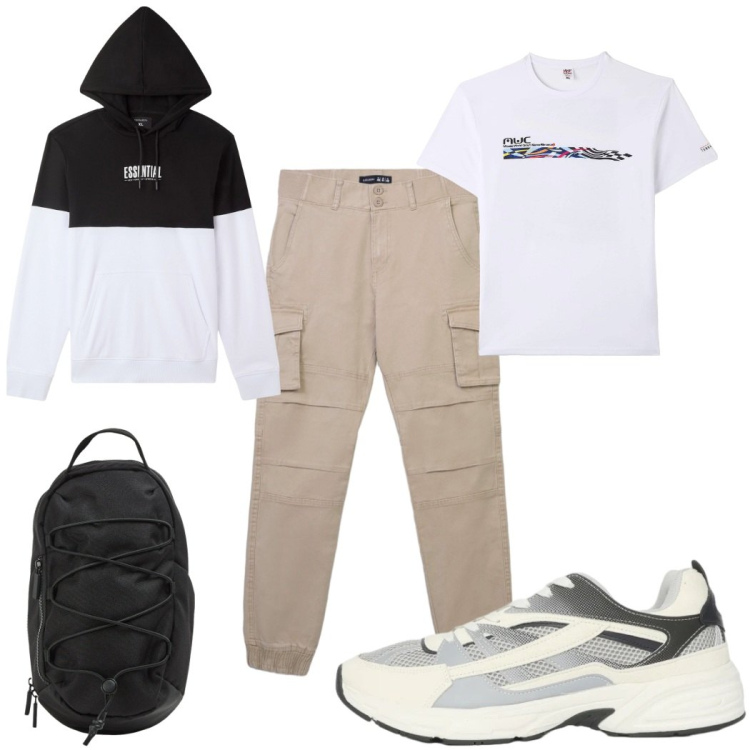 Outfit uomo - Total look #2391736. Stile Trendy per Tutti i giorni. Abbinamento con t-shirt, felpe con cappuccio, pantaloni cargo, sneakers, borse sportive.