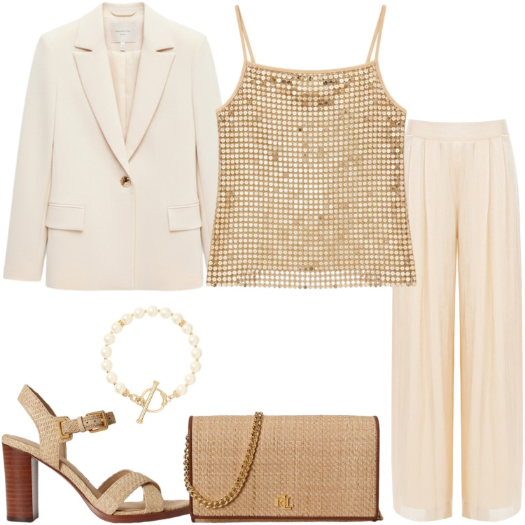 Outfit donna - Matrimonio in Comune. Stile Chic per Cerimonia. Abbinamento con pantaloni a palazzo, blazer, canottiere, borse a tracolla, sandali col tacco, braccialetti.