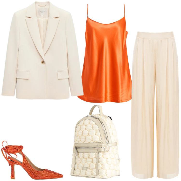 Outfit donna - Un tocco di ORANGE. Stile Bon Ton per Serata fuori. Abbinamento con zaini, décolleté, top, pantaloni a palazzo, blazer.