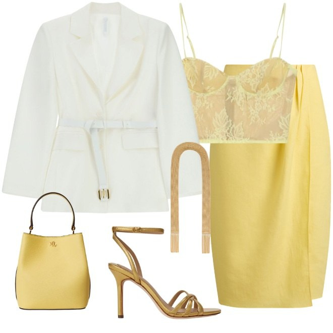 Outfit donna - Solare per la cerimonia. Stile Glamour per Cerimonia. Abbinamento con blazer, canottiere, collane, sandali in pelle, gonne, borse a secchiello.