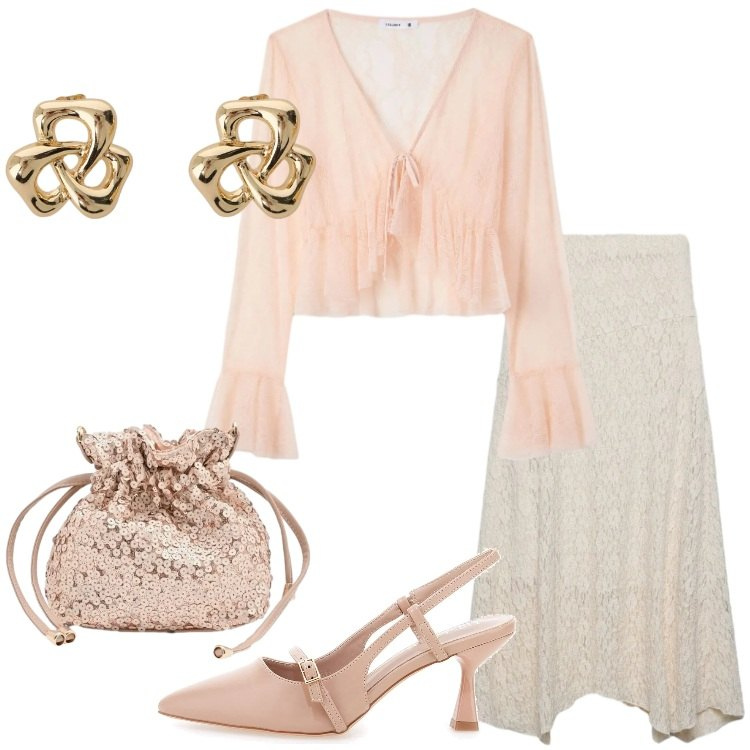 Outfit donna - Peach Blush. Stile Romantica per Cerimonia. Abbinamento con gonne lunghe, bluse, pochette, orecchini, décolleté.