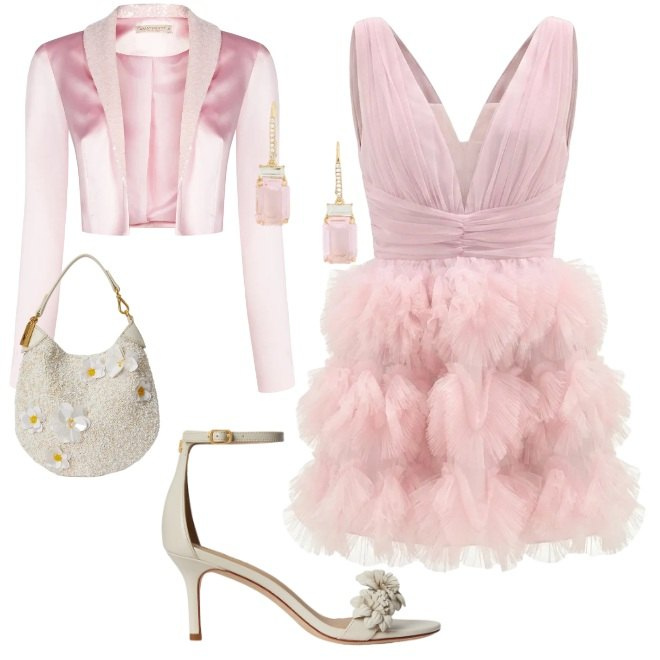 Outfit donna - Cerimonia "giovane". Stile Romantica per Cerimonia. Abbinamento con bolero, vestiti corti, sandali in pelle, pochette, orecchini.