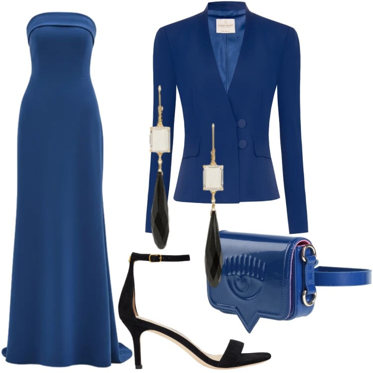 Outfit donna - Blu e nero. Stile Chic per Cerimonia. Abbinamento con marsupi, vestiti lunghi, blazer, orecchini, sandali in pelle.