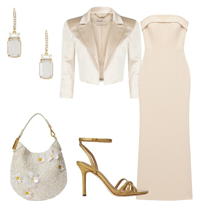 Outfit donna - Elegantissima in chiaro. Stile Chic per Cerimonia. Abbinamento con vestiti lunghi, bolero, orecchini, sandali in pelle, pochette.