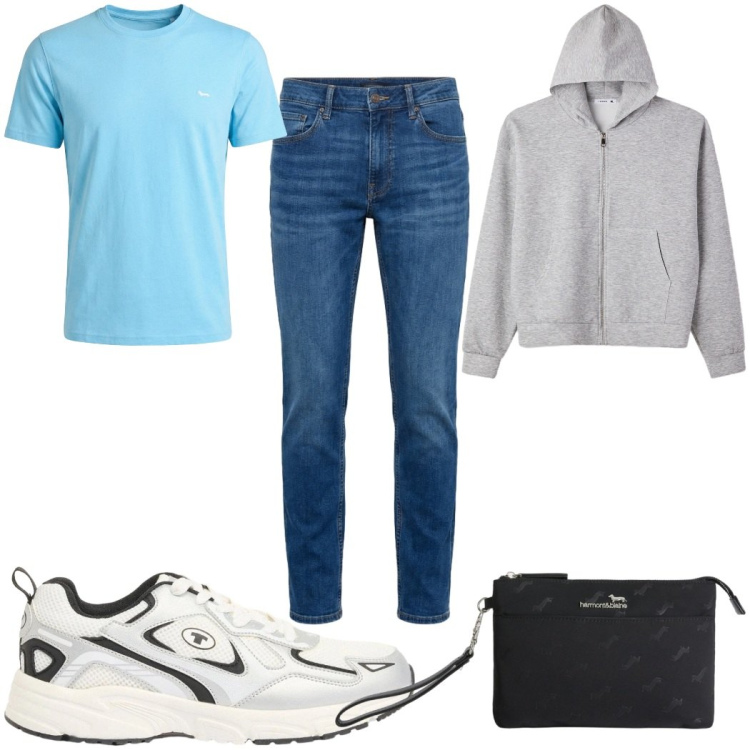 Outfit uomo - Total look #2391746. Stile Casual per Tutti i giorni. Abbinamento con sneakers, felpe con cappuccio, t-shirt, borse sportive, jeans.
