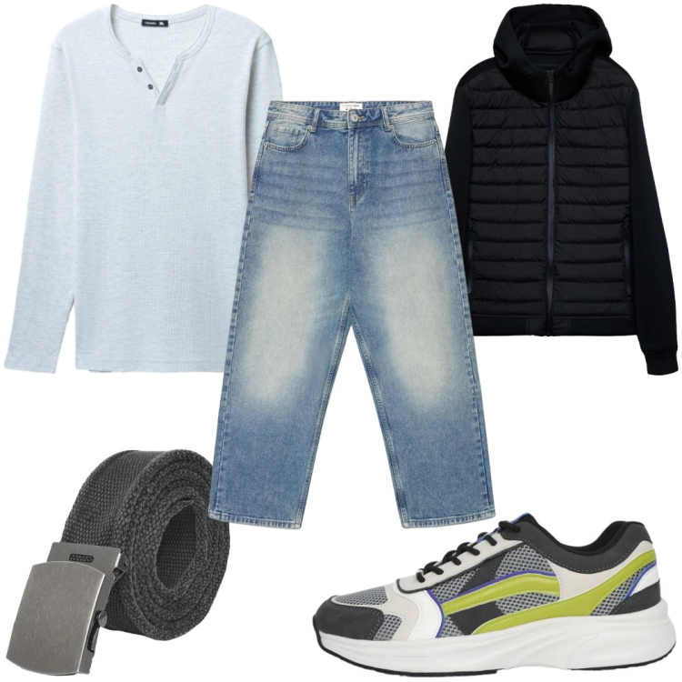Outfit uomo - Total look #2391747. Stile Casual per Tutti i giorni. Abbinamento con cinture, t-shirt, sneakers, jeans dritti, giacche.