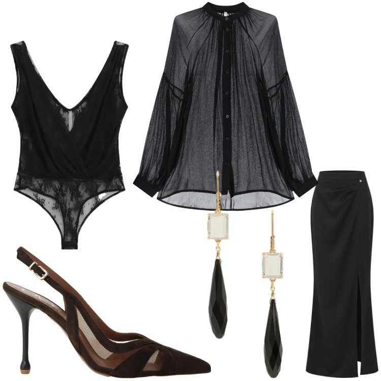 Outfit donna - My black. Stile Chic per Cerimonia. Abbinamento con top, camicie, gonne lunghe, décolleté, orecchini.