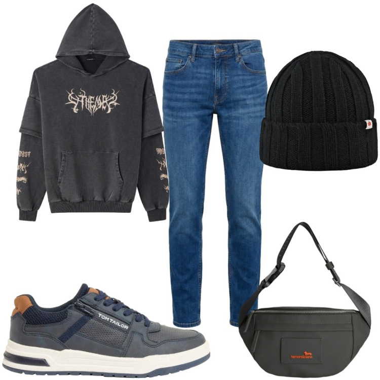 Outfit uomo - Total look #2391752. Stile Urban per Tutti i giorni. Abbinamento con sneakers, felpe con cappuccio, borse sportive, jeans, cappelli.