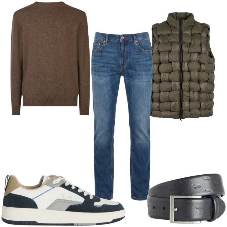 Outfit uomo - Total look #2391753. Stile Casual per Tutti i giorni. Abbinamento con cinture, jeans, sneakers, gilet, maglieria.