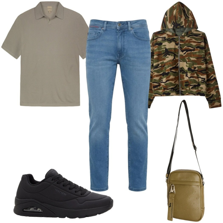Outfit uomo - Total look #2391755. Stile Trendy per Tutti i giorni. Abbinamento con sneakers, felpe con cappuccio, borse sportive, jeans slim fit, polo.