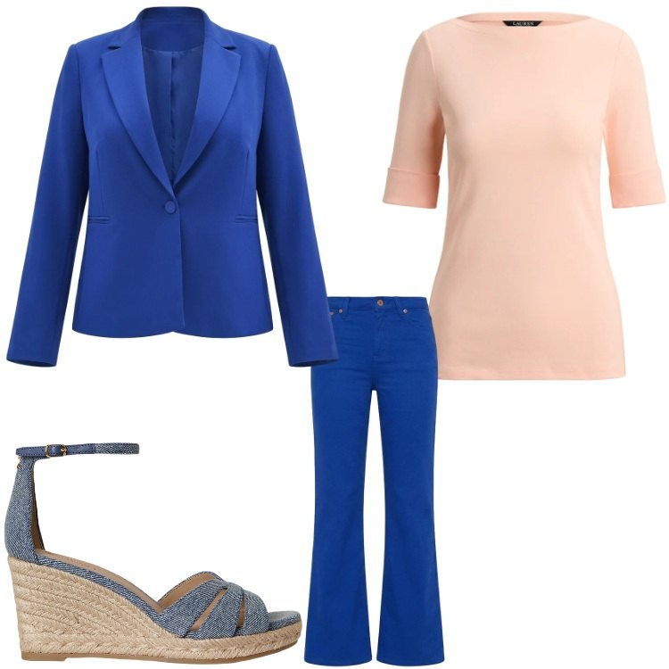 Outfit donna - Peach and blue. Stile Casual chic per Ufficio. Abbinamento con pantaloni, blazer, zeppe, t-shirt.