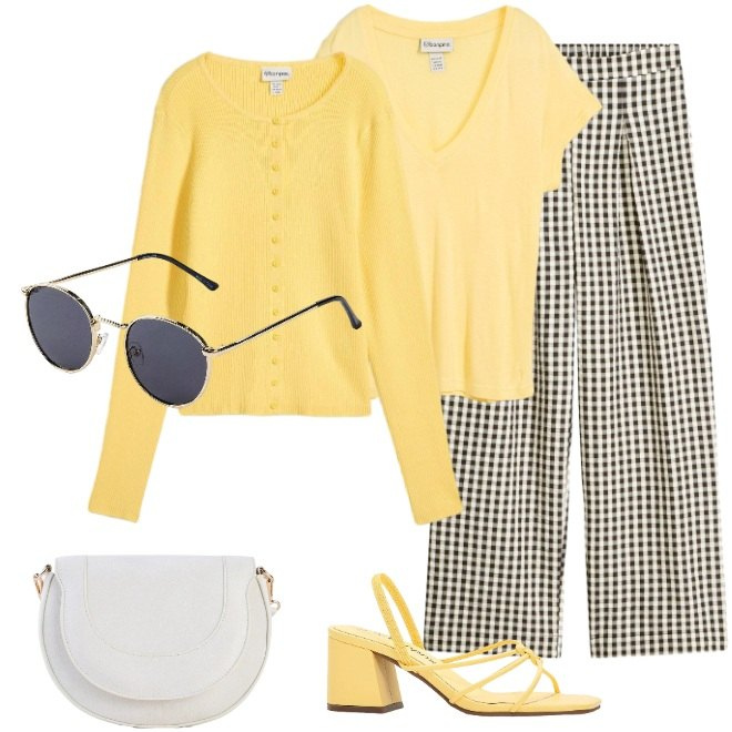 Outfit donna - Domenica a pranzo in famiglia. Stile Bon Ton per Tutti i giorni. Abbinamento con cardigans, pantaloni, sandali col tacco, occhiali da sole, t-shirt, borse a tracolla.