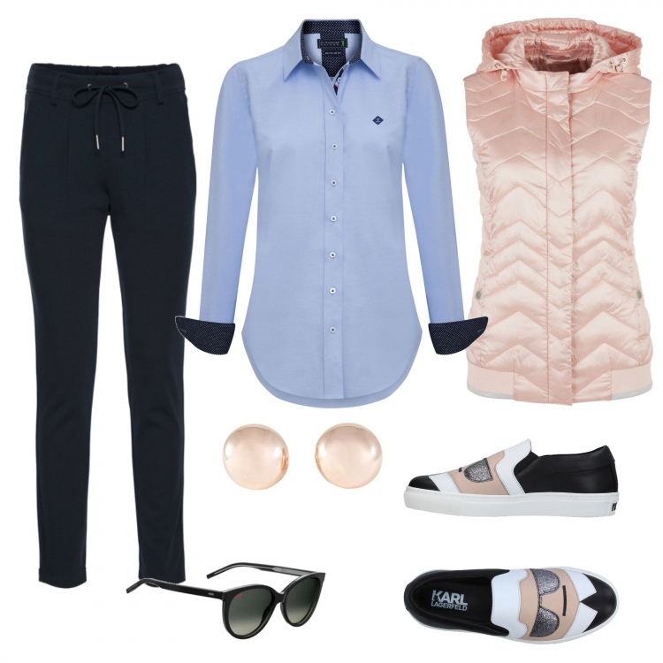 Outfit donna - Sporty chic. Stile Basic per Tutti i giorni. look ideale per Tall. Abbinamento con pantaloni, sneakers tennis, occhiali da sole effetto acetato con zip e logo nero, camicia a maniche lunghe con bottoni blu, gilet rosa, orecchini.