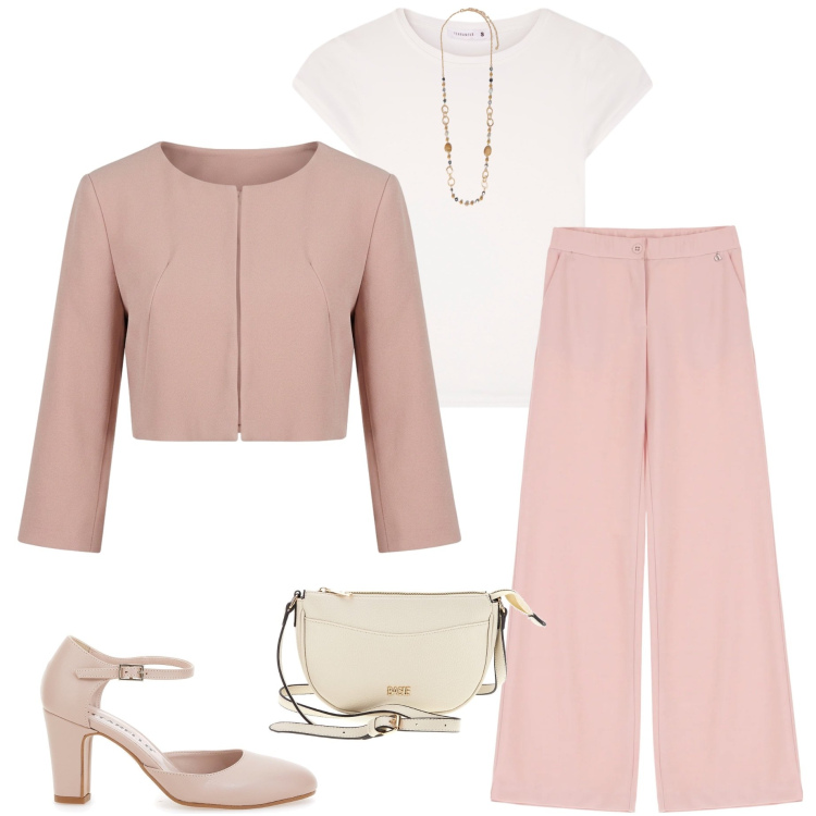 Outfit donna - Peach blush. Stile Casual chic per Serata fuori. Abbinamento con t-shirt, bolero, pantaloni, collane, décolleté, borse a tracolla.