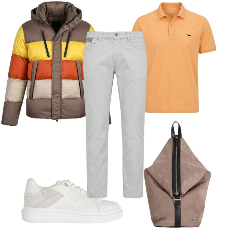 Outfit uomo - Total look #2391764. Stile Trendy per Tutti i giorni. Abbinamento con sneakers, borse sportive, pantaloni, polo, piumini.