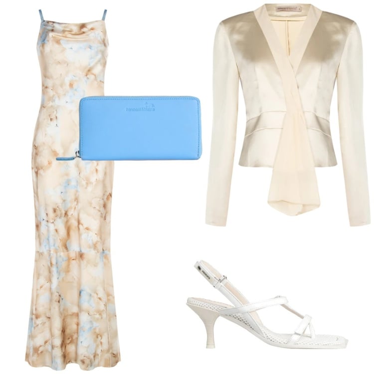 Outfit donna - Fiori chic. Stile Chic per Cerimonia. Abbinamento con infradito, portafogli, vestiti lunghi, blazer.