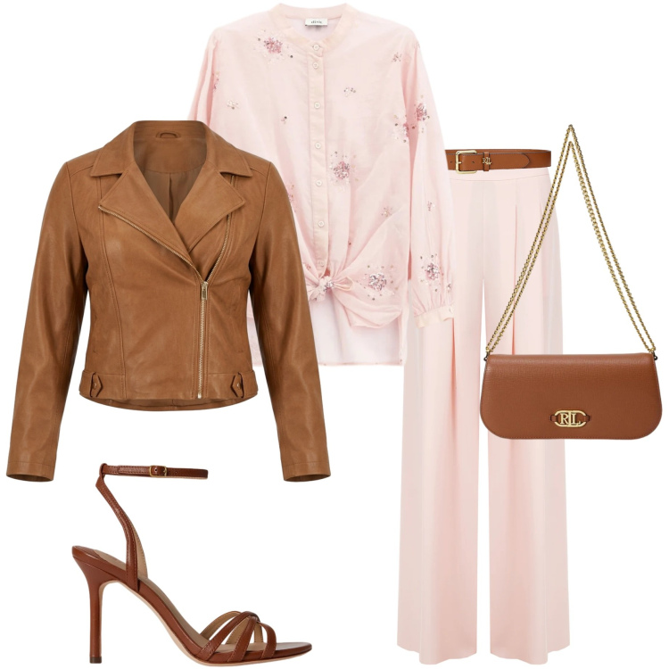 Outfit donna - Peach blush. Stile Casual chic per Serata fuori. Abbinamento con pantaloni a palazzo, giacche, camicie, cinture, sandali in pelle, borse a spalla.