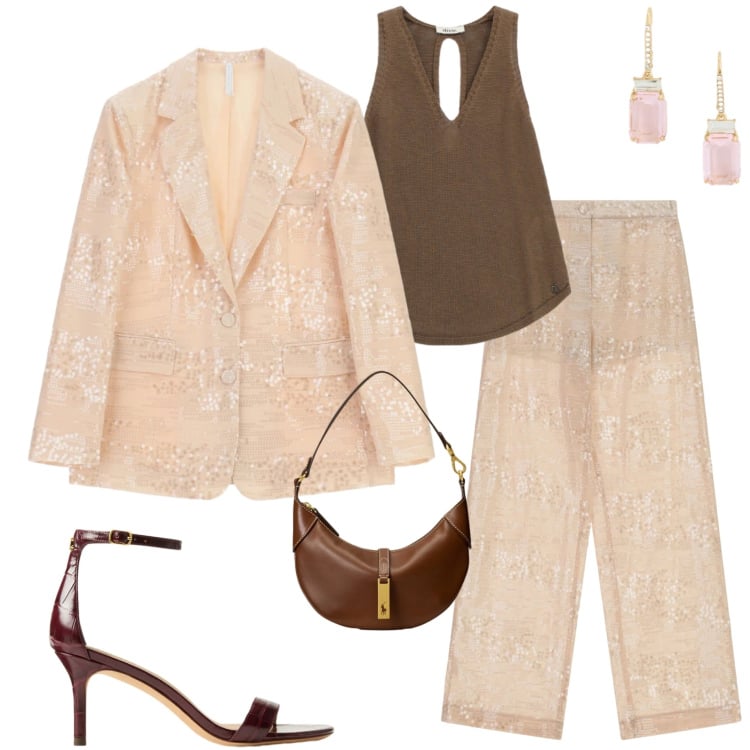 Outfit donna - Peach blush. Stile Chic per Cerimonia. Abbinamento con pantaloni a palazzo, blazer, top, sandali in pelle, borse a spalla, orecchini.