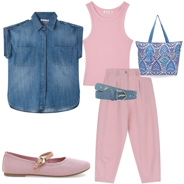 Outfit donna - Peach blush. Stile Casual per Tutti i giorni. Abbinamento con cinture, camicie a manica corta, canottiere, pantaloni, ballerine, shopping bag.