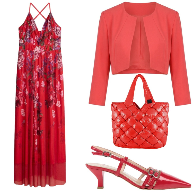 Outfit donna - Red Flowers. Stile Chic per Cerimonia. Abbinamento con décolleté, vestiti lunghi, bolero, borse tote.