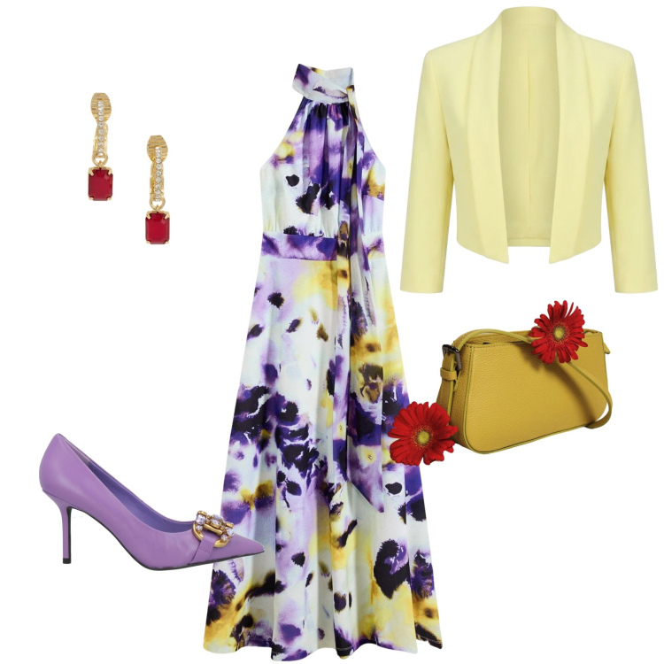 Outfit donna - Armocromia primavera. Stile Glamour per Cerimonia. Abbinamento con décolleté, vestiti lunghi, bolero, borse a spalla, orecchini.