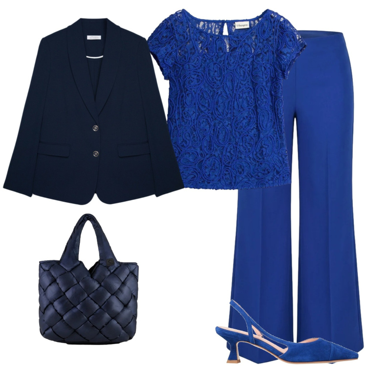 Outfit donna - Nel BLU dipinto di BLU.... Stile Bon Ton per Serata fuori. Abbinamento con décolleté, t-shirt, pantaloni a palazzo, blazer, borse tote.