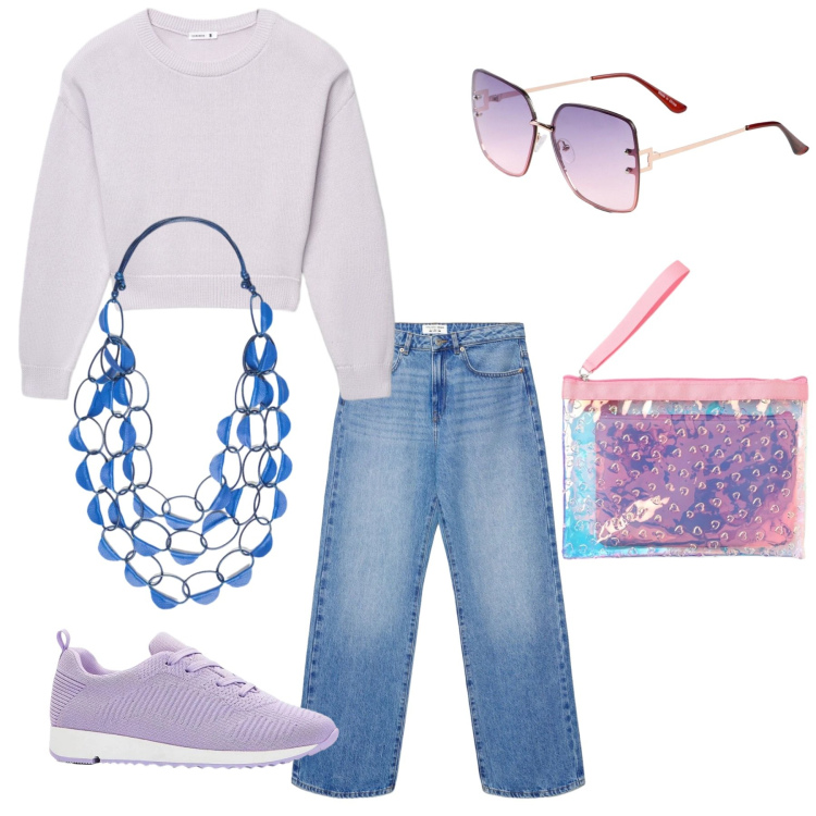 Outfit donna - Senza pensieri. Stile Casual per Tutti i giorni. Abbinamento con sneakers, occhiali da sole, maglieria, jeans dritti, pochette, collane.