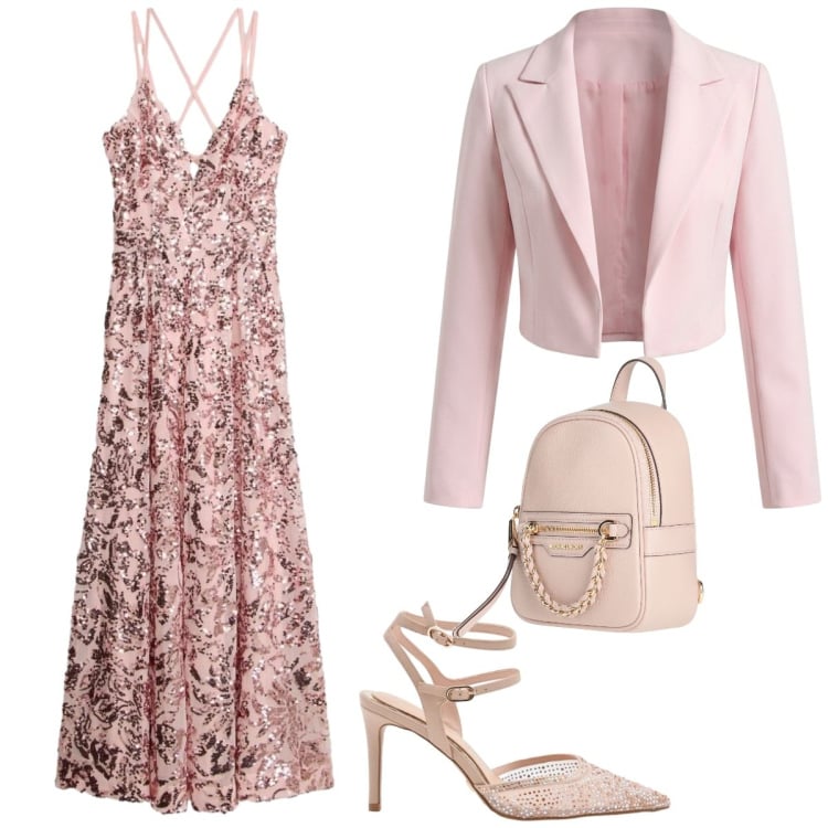 Outfit donna - Pink lady. Stile Romantica per Cerimonia. Abbinamento con zaini, vestiti lunghi, décolleté, bolero.