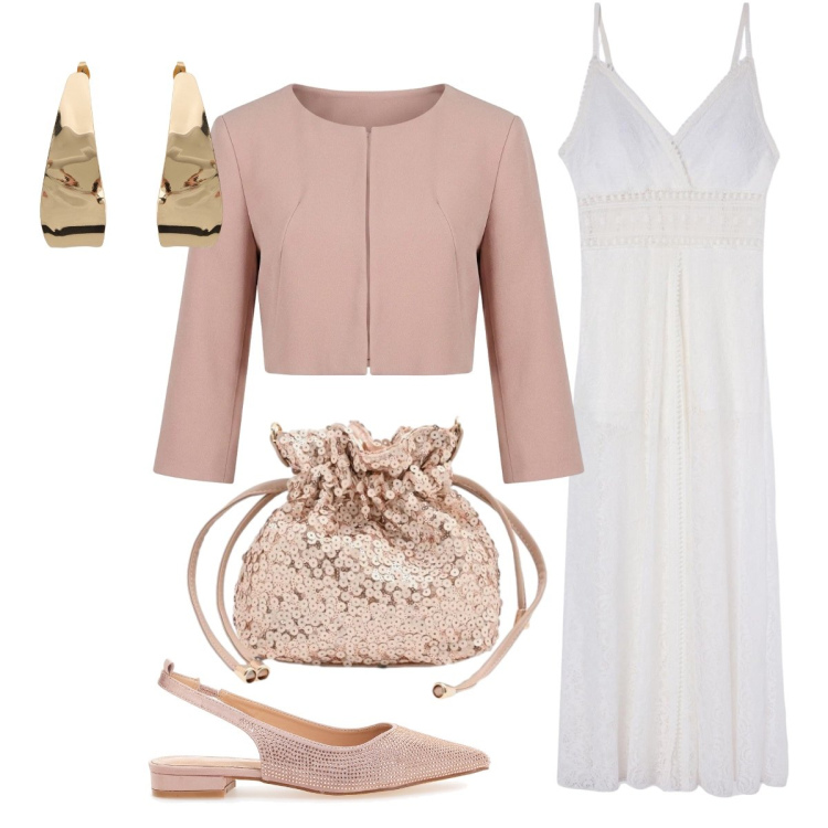 Outfit donna - Invitata al Matrimonio. Stile Glamour per Cerimonia. Abbinamento con vestiti lunghi, pochette, bolero, orecchini, ballerine.