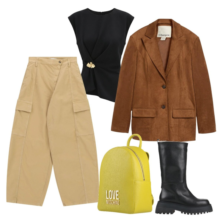 Outfit donna - Fine aprile. Stile Basic per Tutti i giorni. Abbinamento con stivali, zaini, blazer, top, pantaloni cargo.