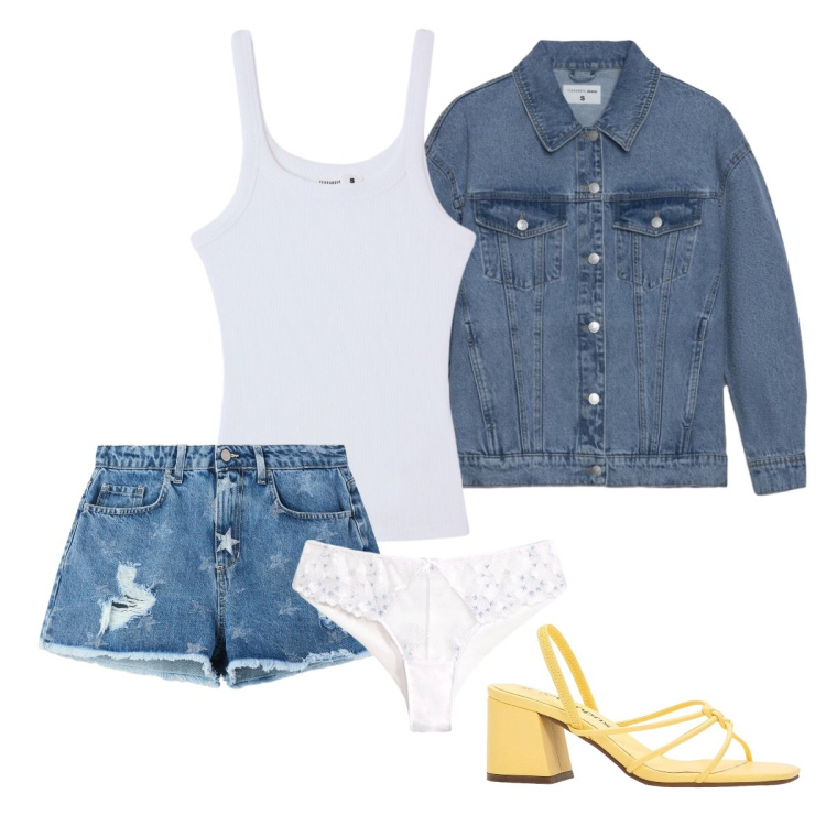 Outfit donna - Passeggiata all’aperto. Stile Basic per Tutti i giorni. Abbinamento con sandali col tacco, culotte, shorts, cappotti, canottiere.