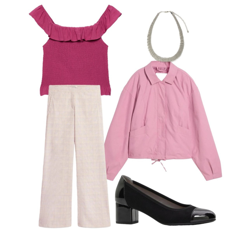 Outfit donna - Pantaloni rosa per primavera. Stile Casual chic per Ufficio. Abbinamento con décolleté, bomber, pantaloni, top, collane.