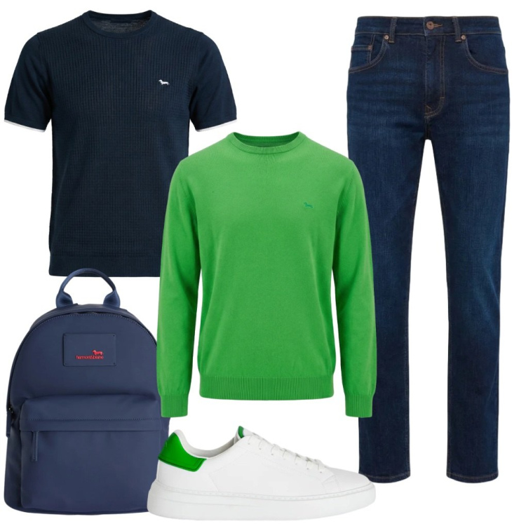 Outfit uomo - #università. Stile Urban per Tutti i giorni. Abbinamento con borse sportive, pullovers, t-shirt, jeans, sneakers.