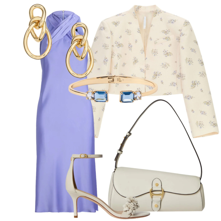 Outfit donna - Cerimonia primaverile. Stile Bon Ton per Cerimonia. Abbinamento con blazer, borse a spalla, orecchini, vestiti, sandali in pelle, braccialetti.