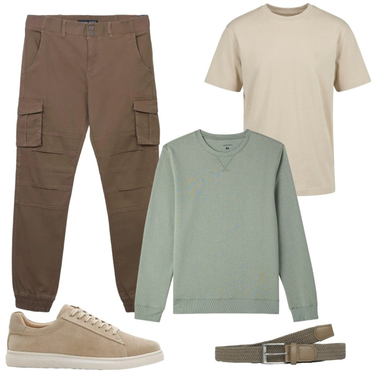 Outfit uomo - #colori.naturali. Stile Urban per Tutti i giorni. Abbinamento con sneakers, cinture, pantaloni cargo, felpe, t-shirt.