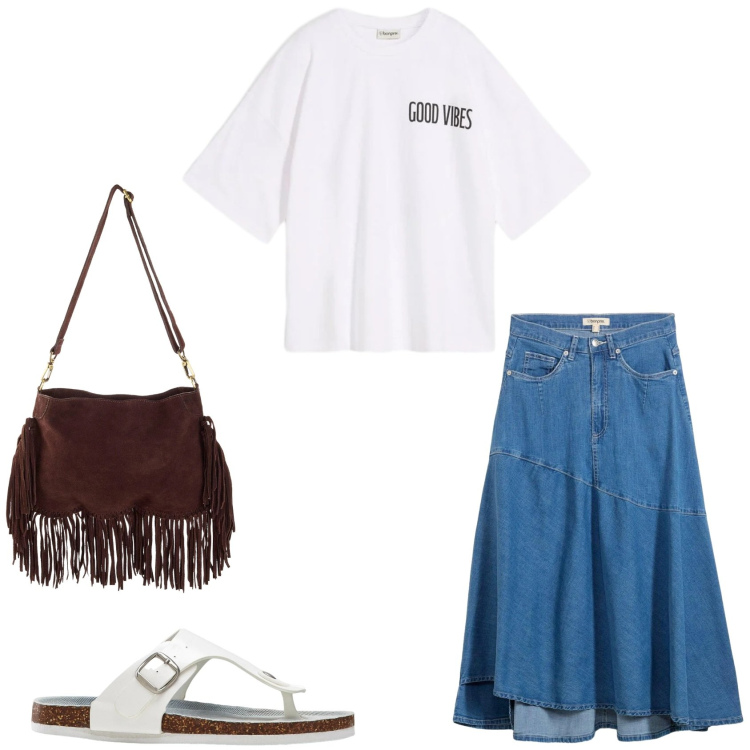 Outfit donna - Good Vibes Boho. Stile Boho per Tutti i giorni. Abbinamento con infradito, borse a tracolla, gonne longuette, t-shirt.
