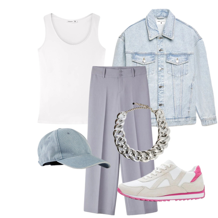 Outfit donna - Total look #2391804. Stile Sporty chic per Ufficio. Abbinamento con sneakers, cappelli con visiera, pantaloni, top, cappotti, collane.