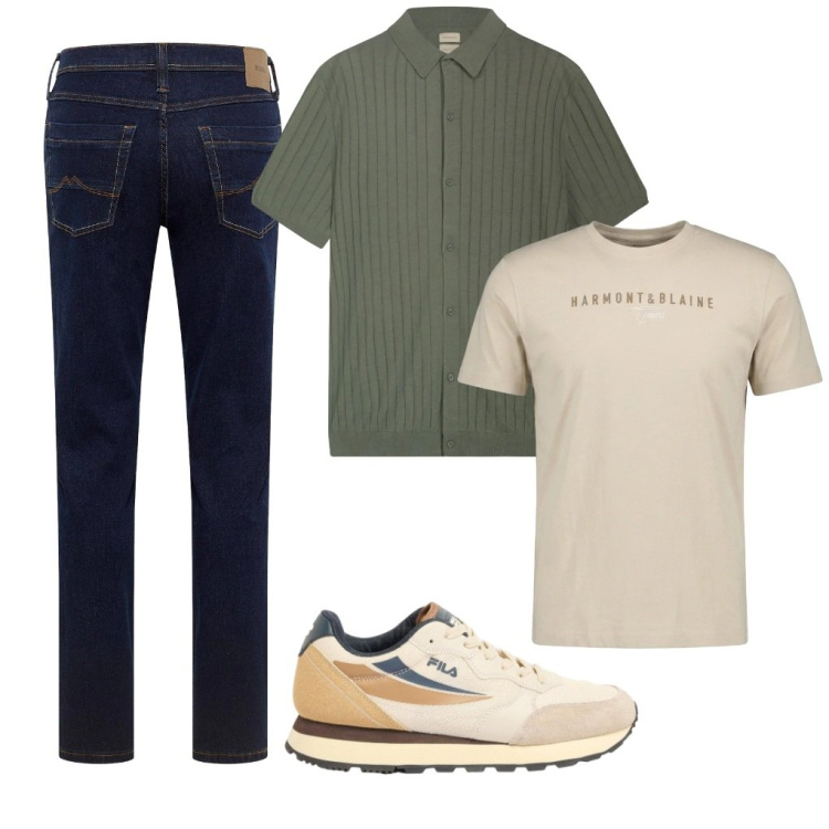 Outfit uomo - #fronte.retro. Stile Trendy per Tutti i giorni. Abbinamento con jeans dritti, sneakers, t-shirt, polo.