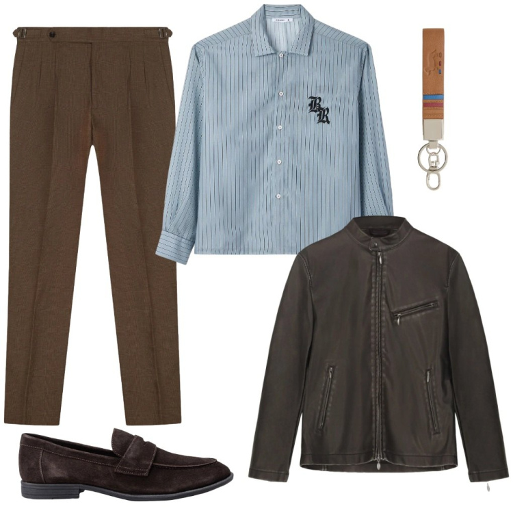 Outfit uomo - #ufficio.in.pelle. Stile Casual per Tutti i giorni. Abbinamento con camicie, portachiavi, giacche, pantaloni, scarpe stringate.