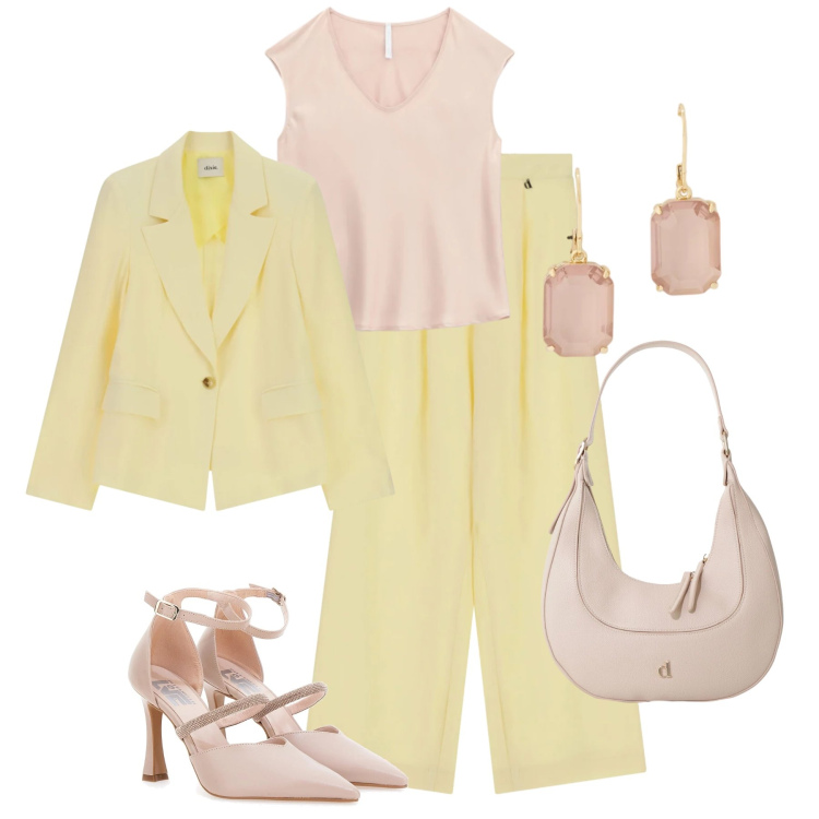 Outfit donna - Cresima pastello. Stile Chic per Cerimonia. Abbinamento con canottiere, pantaloni a palazzo, blazer, borse a tracolla, orecchini, décolleté.