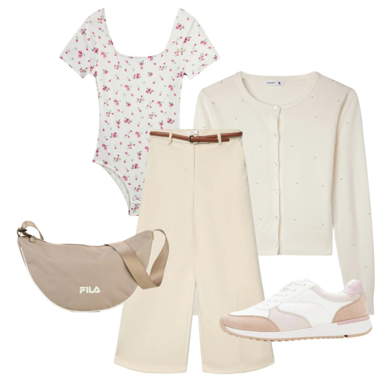 Outfit donna - Total look #2391813. Stile Romantica per Ufficio. Abbinamento con sneakers, borse a tracolla, body, cardigans, pantaloni.