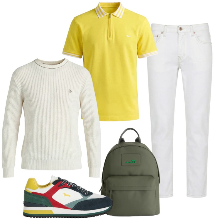 Outfit uomo - #giallo.limone. Stile Urban per Tutti i giorni. Abbinamento con jeans, sneakers, borse sportive, polo, maglieria.