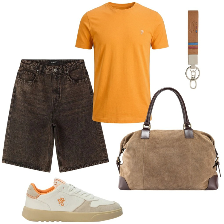 Outfit uomo - #partiamo?. Stile Urban per Tutti i giorni. Abbinamento con bermuda, portachiavi, sneakers, t-shirt, borse sportive.
