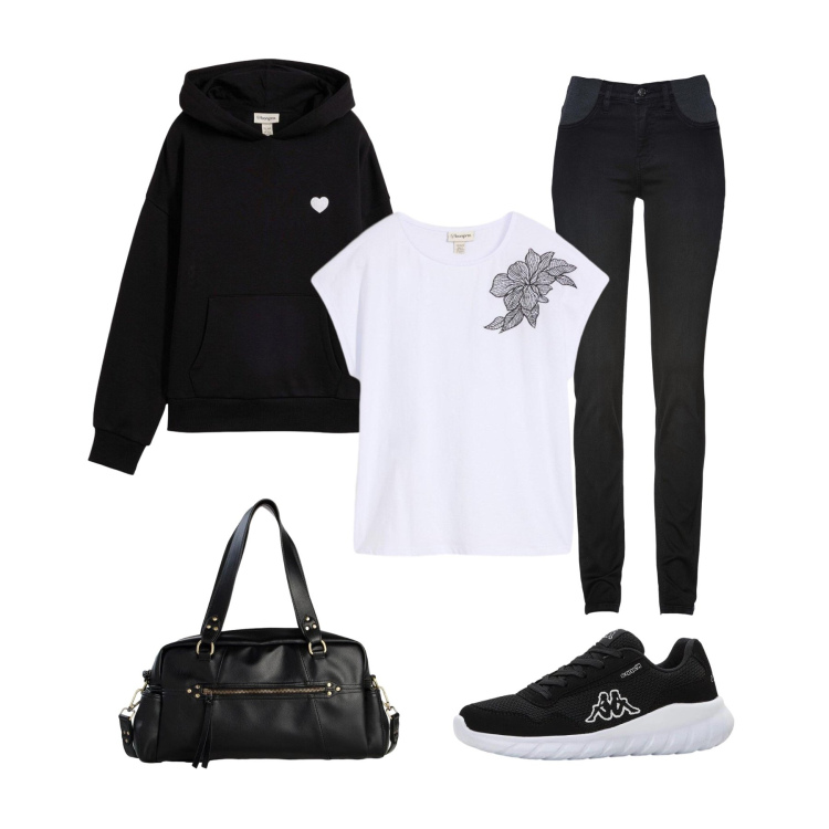Outfit donna - Total look #2391822. Stile Sporty chic per Tutti i giorni. Abbinamento con jeans skinny, borse a mano, sneakers, t-shirt, felpe con cappuccio.