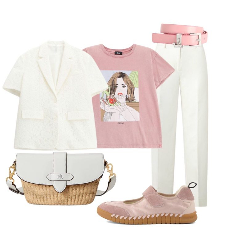 Outfit donna - In città. Stile Casual chic per Tutti i giorni. Abbinamento con cinture, blazer, t-shirt, pantaloni, borse a spalla, ballerine.