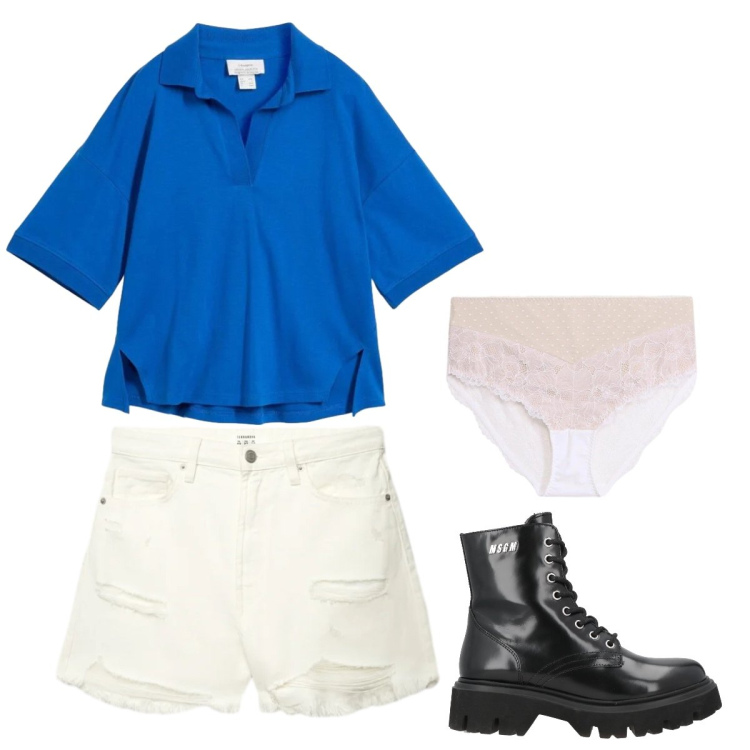 Outfit donna - Polo blu. Stile Minimal per Tutti i giorni. Abbinamento con anfibi, culotte, polo, shorts.