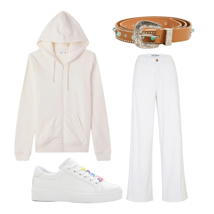 Outfit donna - Casual white. Stile Casual per Scuola/Università. Abbinamento con jeans, sneakers, cinture, felpe con cappuccio.