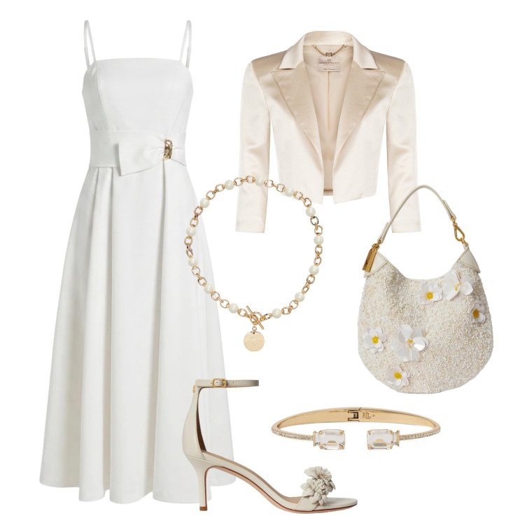Outfit donna - Battesimo white gold. Stile Chic per Cerimonia. Abbinamento con vestiti asimmetrici, bolero, collane, braccialetti, sandali in pelle, pochette.
