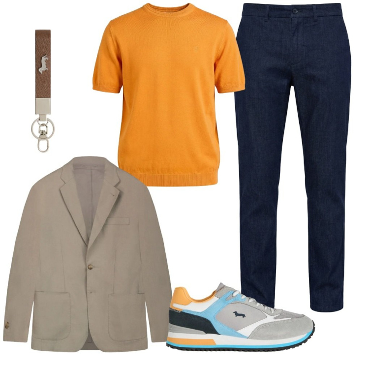 Outfit uomo - #casual.office. Stile Casual per Ufficio. Abbinamento con portachiavi, sneakers, pantaloni chino, t-shirt, giacche.