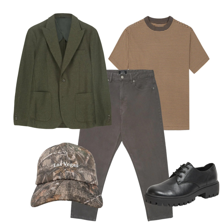 Outfit uomo - Total look #2391835. Stile Casual per Ufficio. Abbinamento con scarpe stringate, pantaloni, cappelli con visiera, giacche, t-shirt.